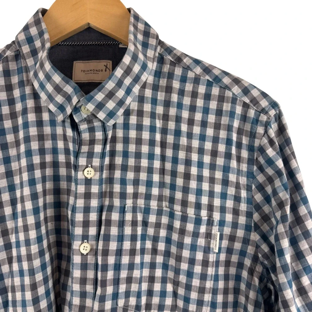 7Diamonds New Order Shirt Mens Medium Blue Grey Gingham Plaid Long Sleeve‎